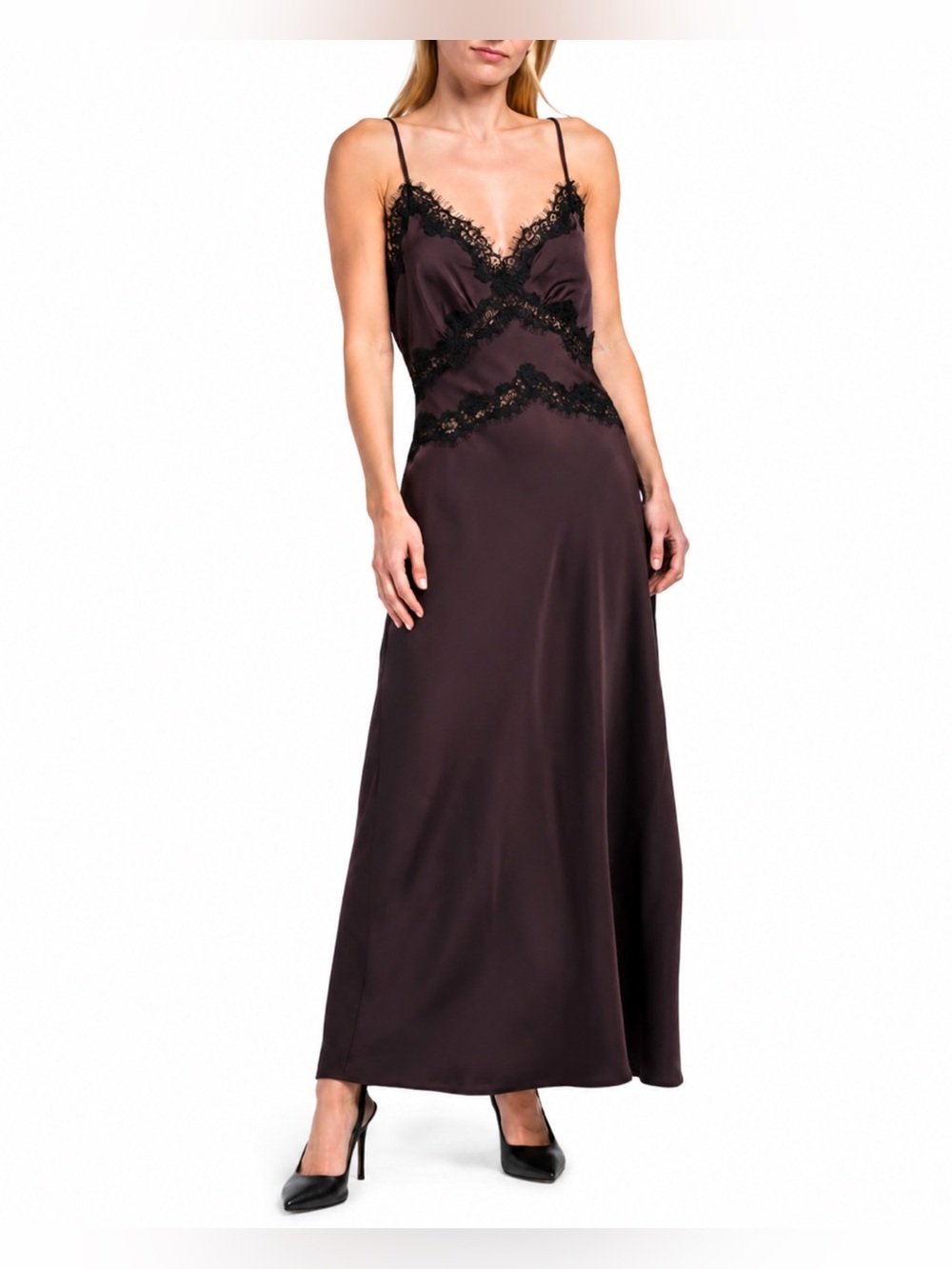 House of Harlow 1960 Plum Maxi Slip Dress with Black Lace Trim - Picture 12 of 12